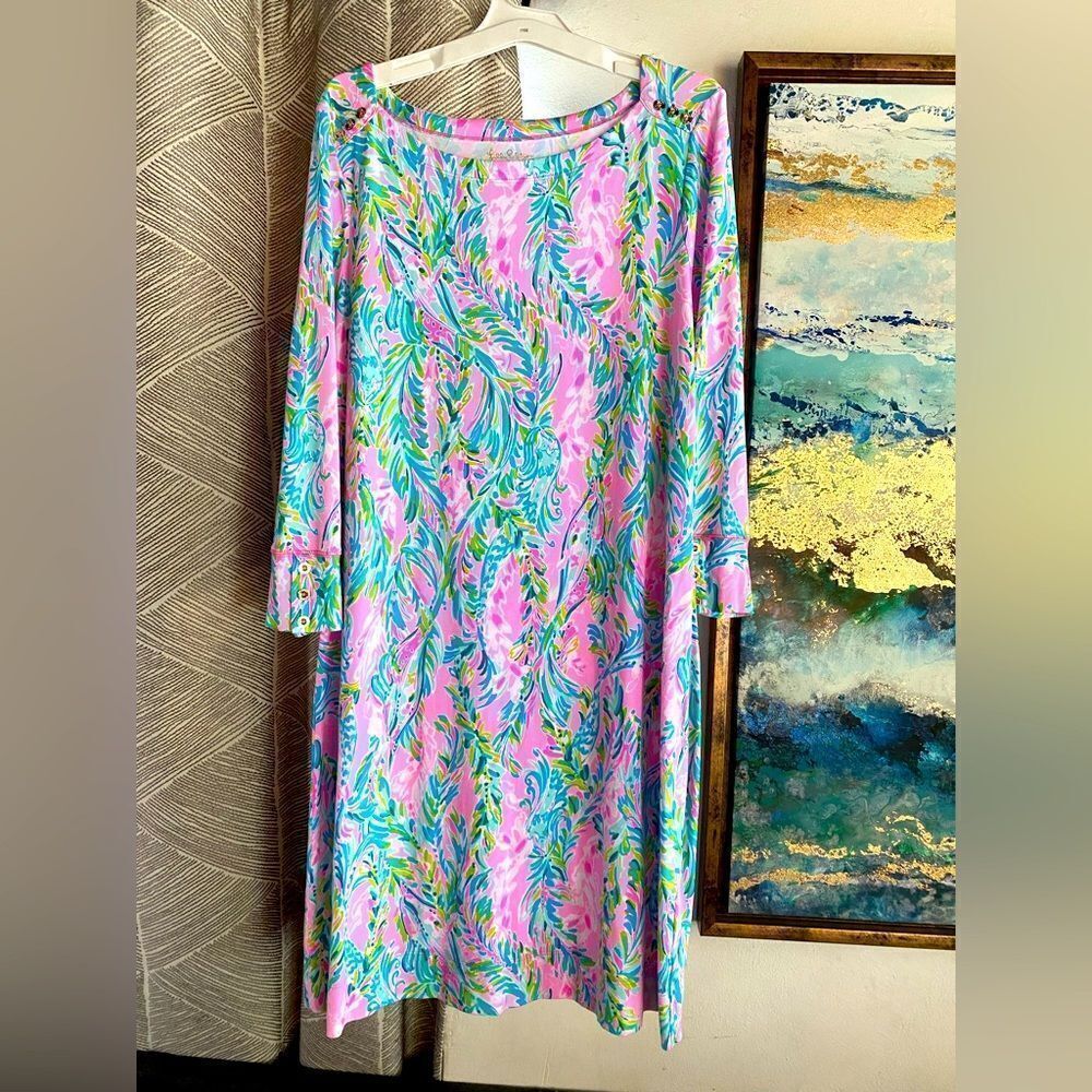 Lilly Pulitzer Multicolor Dress Sz L Gold Button Shoulder & Cuff Accents Stretch